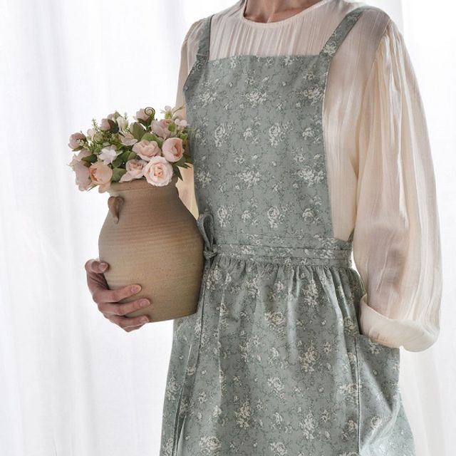 플라워 앞치마 꽃무늬 원피스형 앞치마 린넨앞치마