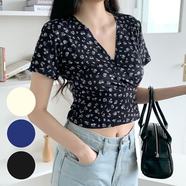 여자 크롭 반팔티 꽃무늬 V넥 슬림 스판 여름 티셔츠