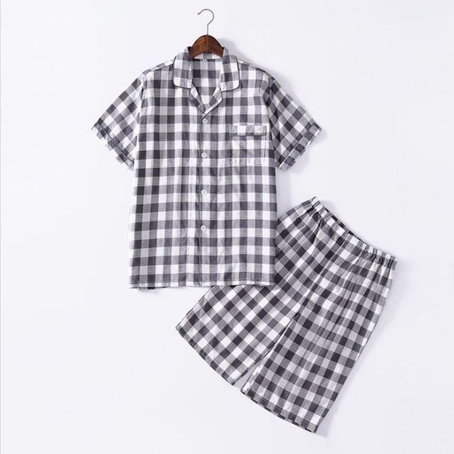 키밍 체크 패턴 여름 커플 잠옷 세트 반팔 실내복