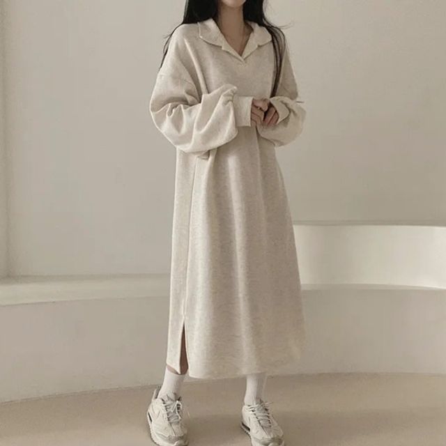 오픈 카라 루즈핏 박시핏 기모 롱 원피스 체형커버