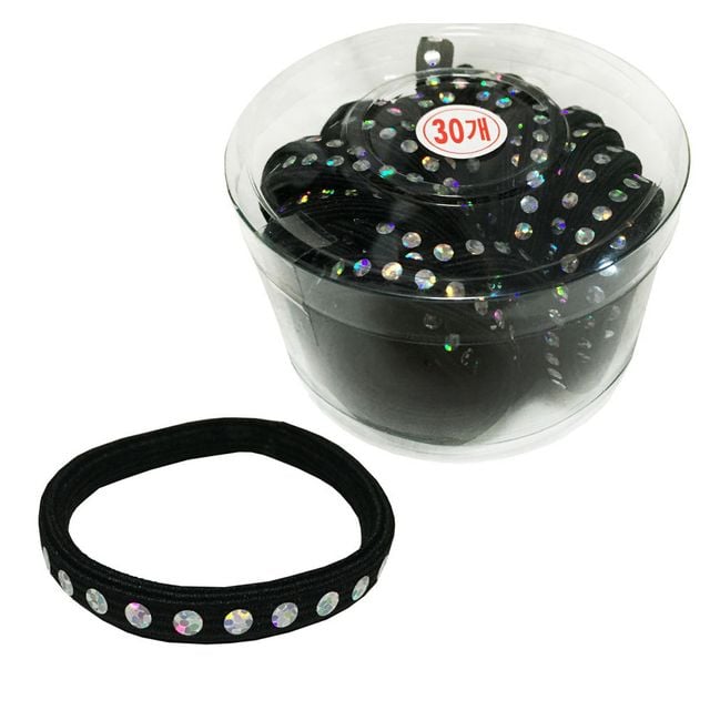 반짝다이아 납작 검정고무줄 30P 코사지통 머리끈
