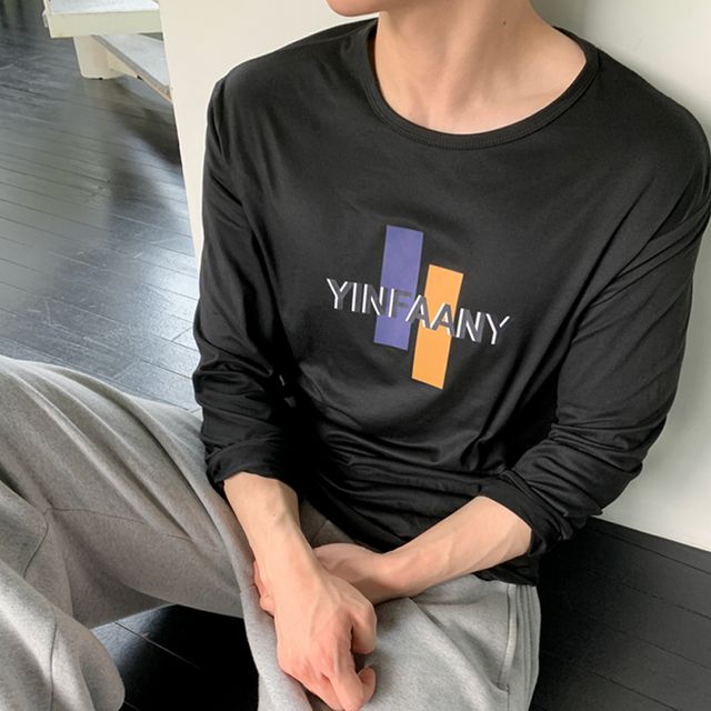 남자 크루넥 긴팔 면 티셔츠 라운드넥 프린팅 슬리브