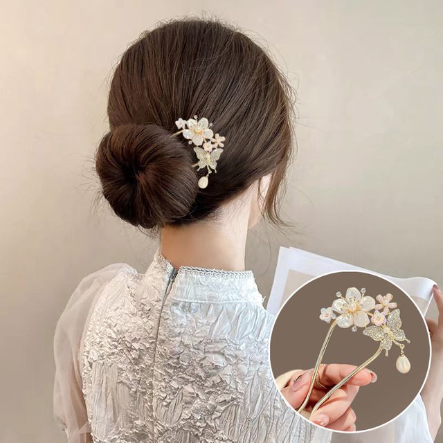 꽃나비 진주 U자형 비녀 ELH-106