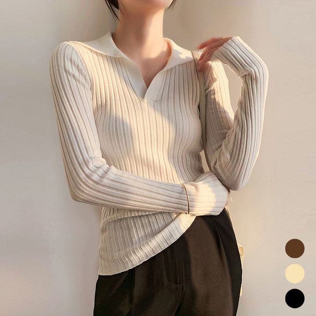 여성 골지 브이넥 카라 긴팔 티셔츠 URK-204