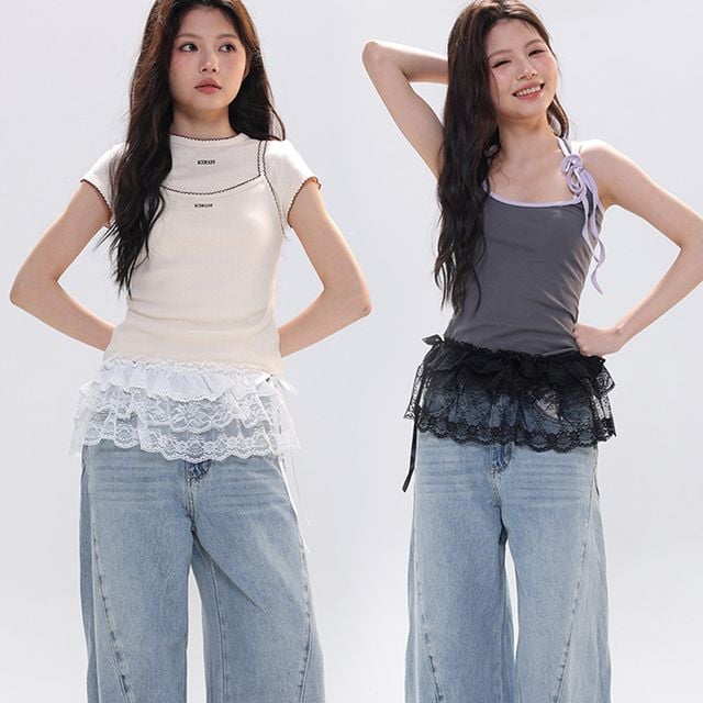 여성 플라워 패턴 페이크 레이스 스커트 URK-1007418