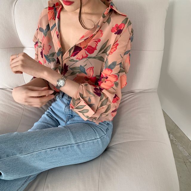 W 여성 카라 화려한 블라우스 꽃 무늬 브이넥 쉬폰 셔츠