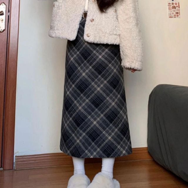A라인 체크 밴딩 롱 스커트 JSC-1004967