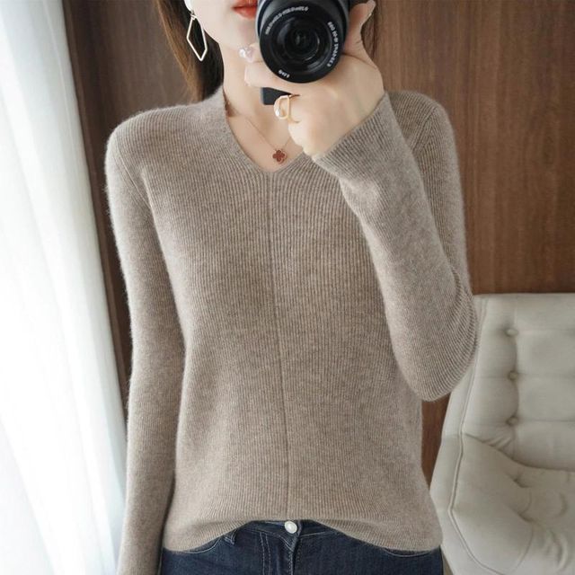 [해외] 봄 가을 뉴 퓨어 울 스웨터 여성용 v 넥 센터 라인 신