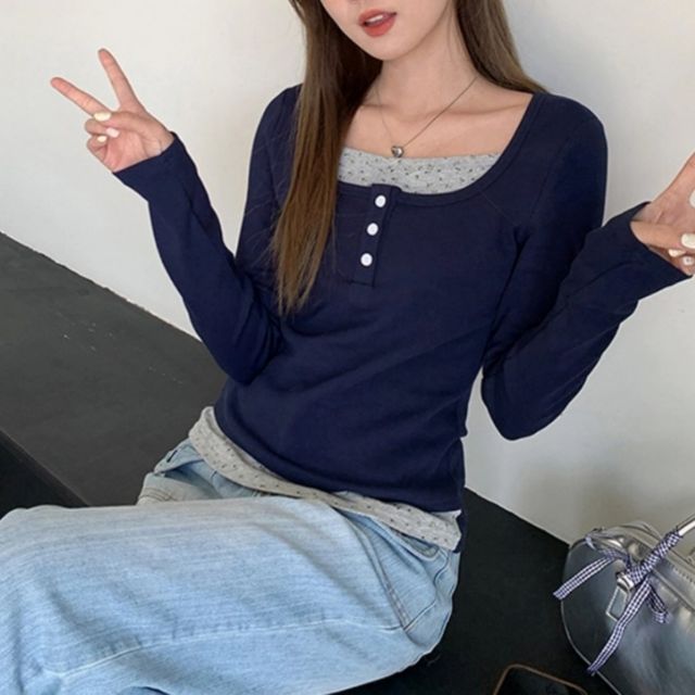 배색 버튼 레이어드 티셔츠 SNY-0020