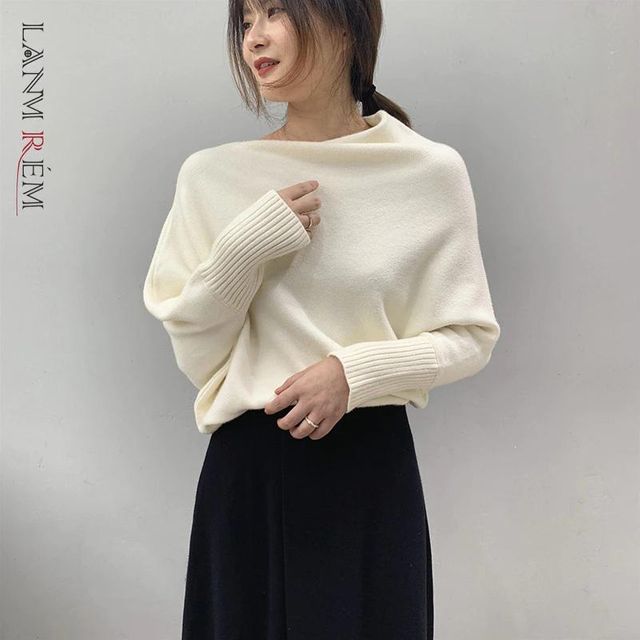 [해외] LANMREM 불규칙한 니트 스웨터 긴 소매 여성 솔리드