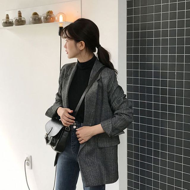 가을 소매 롤업 체크 자켓 OSM-1006057