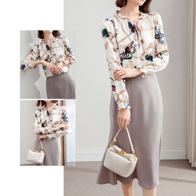 플라워 리본 블라우스 여성용 패션 프린트 셔츠