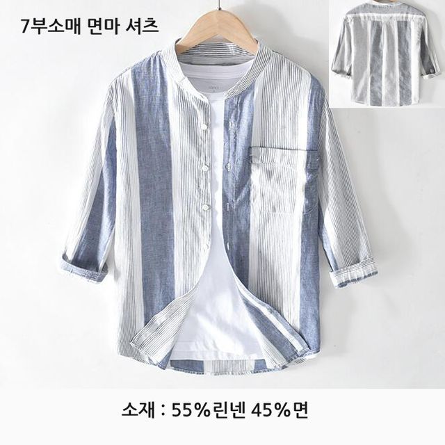 [해외] 남성 7부소매 면마 티셔츠 터틀넥 캐주얼 T셔츠