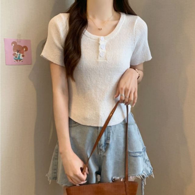 라운드넥 버튼포인트 여름 반팔 니트 JSC-d0159