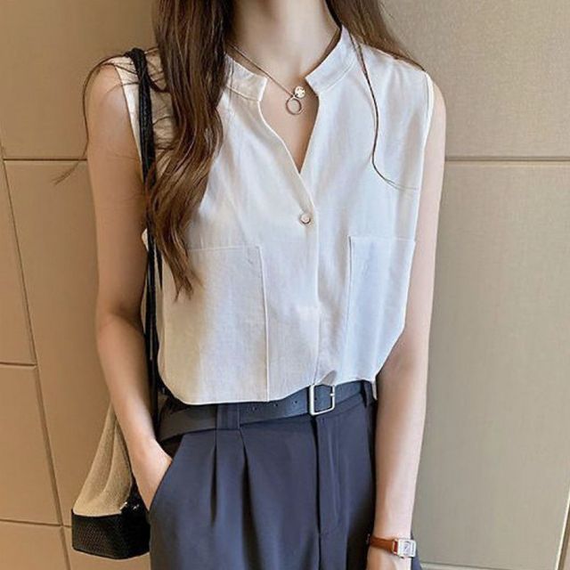 여성 민소매 V넥 셔츠 차이나카라 오피스룩 루즈핏