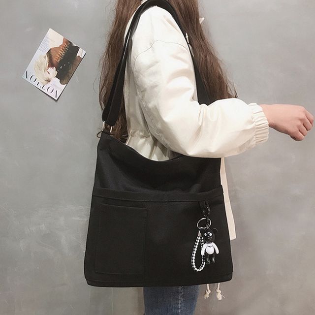 곰돌이장식 캔버스 숄더백 크로스백 학생가방