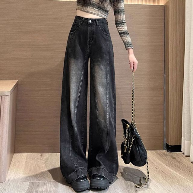 블랙 빈티지 롱 데님 와이드 팬츠 FLS-1005612