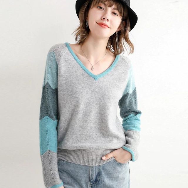 [해외] 새로운 순수 울 스웨터 여성용 v넥 느슨한 풀오버 색