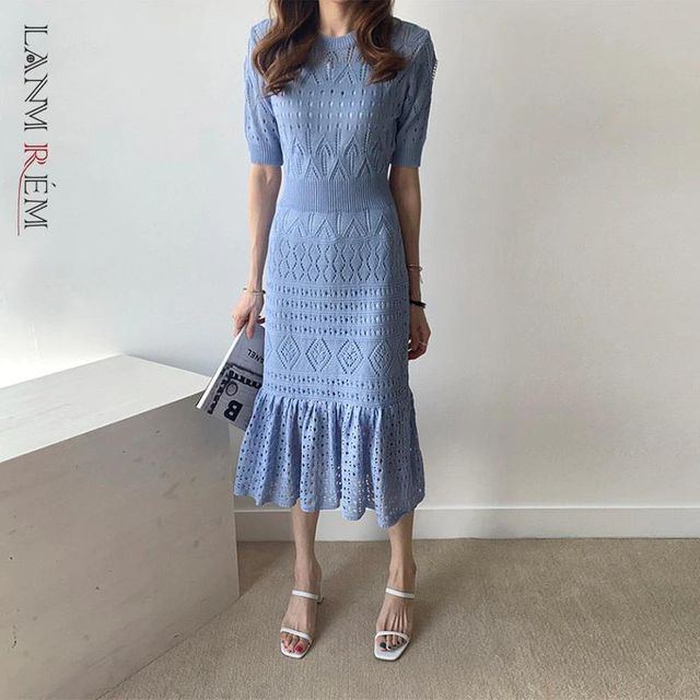 [해외] LANMREM 2022 여성을위한 여름 니트 프릴 드레스 라운