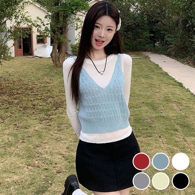 그물 크롭 기장 펀칭 니트 조끼 URD-535