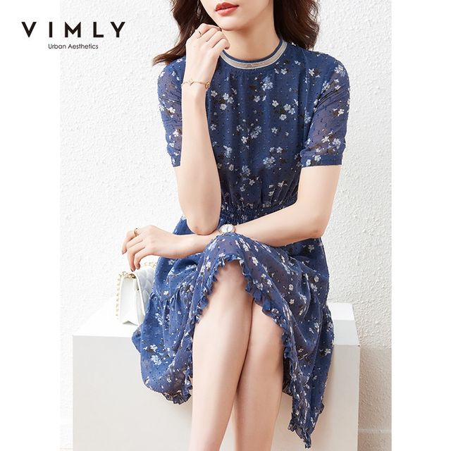 [해외] VIMLY 여름 꽃 드레스 여성 패션 새로운 라운드 넥 탄