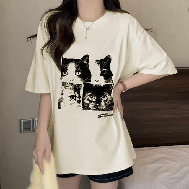 고양이 프린팅 여름 반팔 티셔츠 URD-512
