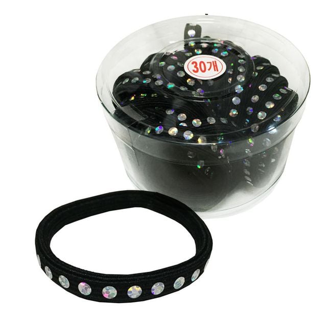 반짝다이아 납작 검정고무줄 30P 코사지 헤어밴드