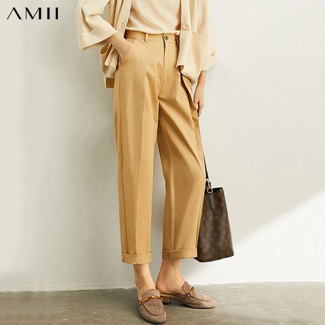 [해외] Amii 미니멀리즘 여성 캐주얼 바지 패션 하이 웨이스