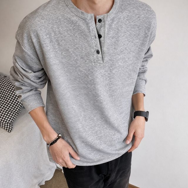 남성 헨리넥 티셔츠 남자쭉티 루즈핏 이너티 와플긴팔티 3컬러