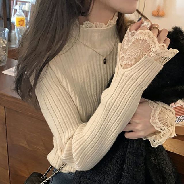 반폴라 소매 레이스포인트 긴팔 골지니트티 NF-1004857