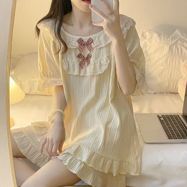 프릴 리본 파자마 반팔 반바지 투피스 잠옷 홈웨어