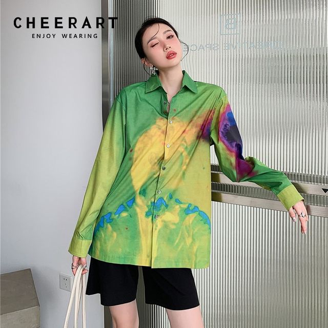 [해외] CHEERART Tie Dye 하이 패션 그린 옐로우 칼라 셔츠