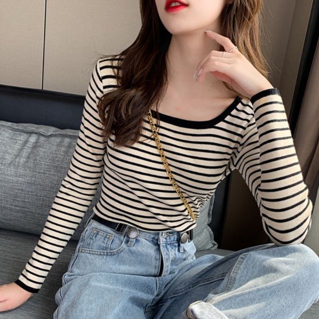 여성 6컬러 베이직 스트라이프 숏 긴팔 슬림티셔츠