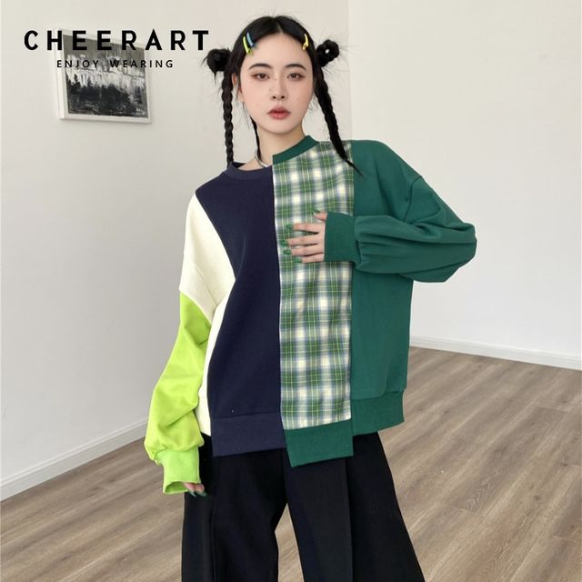 [해외] 치어라 컬러 블록 패치 워크 스웻 셔츠 Streetwear Wo