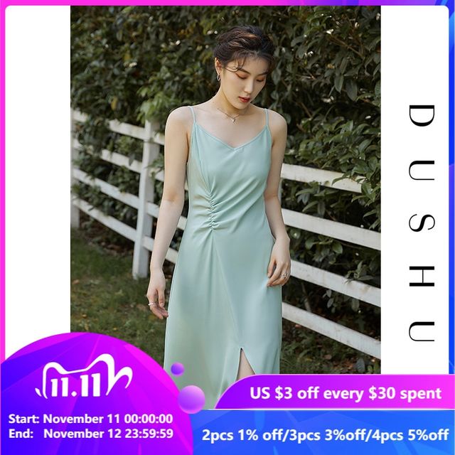 [해외] DUSHU-신제품 사쿠라 핑크 그린 슬링 롱 드레스 여성