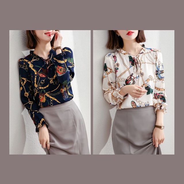 플라워 리본 블라우스 여성 패션 프린트 셔츠