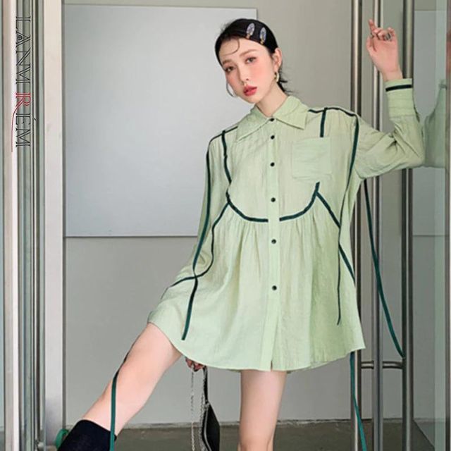 [해외] LANMREM 2022 녹색 긴 소매 셔츠 여성 옷깃 패션 싱글