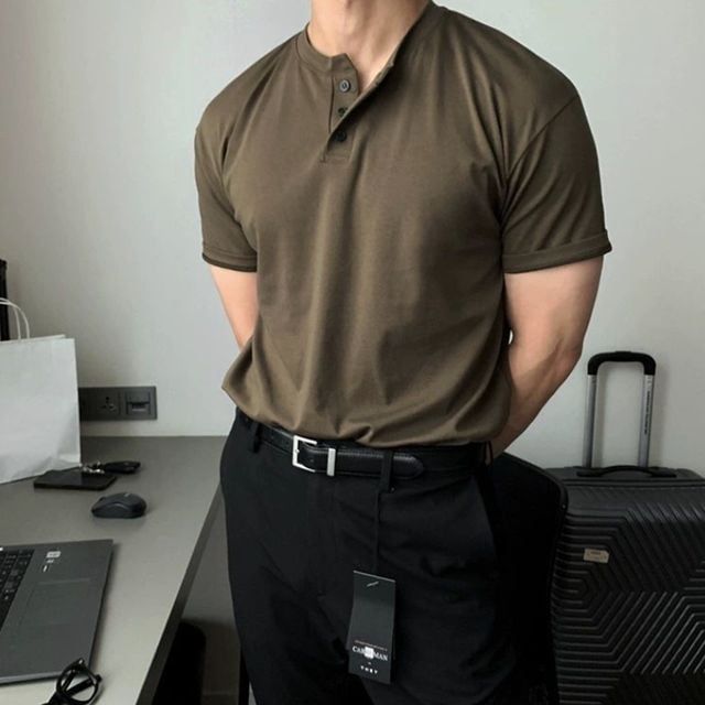 남성 노카라 버튼 반팔 탑 헨리넥 티셔츠 여름 데일리
