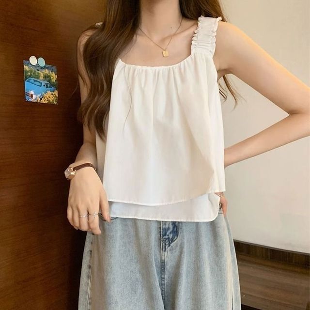 주름 숄더 크롭 민소매 블라우스 2color DK-0430 DK-0430