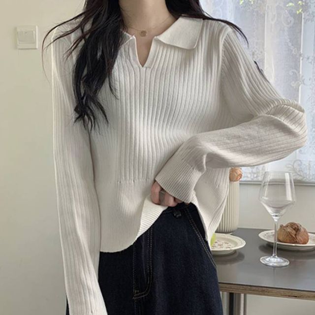 니트 골지 티셔츠 카라티셔츠 오피스룩 기본티셔츠