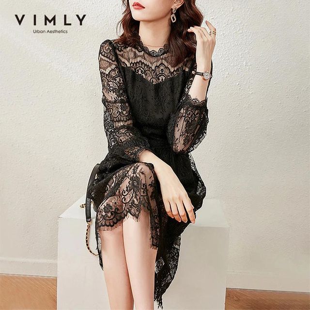 [해외] VIMLY 레이스 패션 스탠드 칼라 솔리드 화이트 드레스