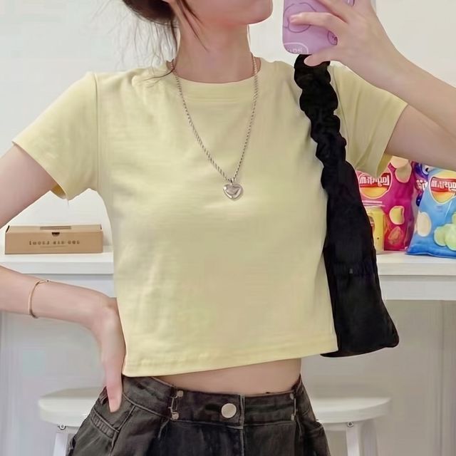 크롭 반팔티 베이직 스판 라운드넥 데일리 티셔츠 HPC-1008576
