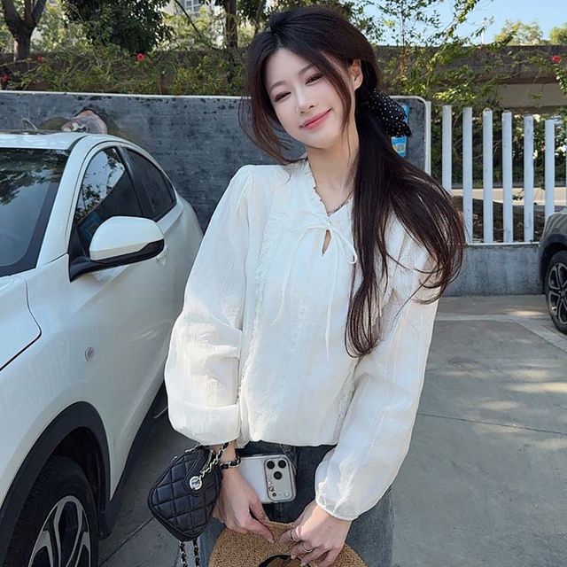 레이스 프릴 리본 블라우스 LL-1006585