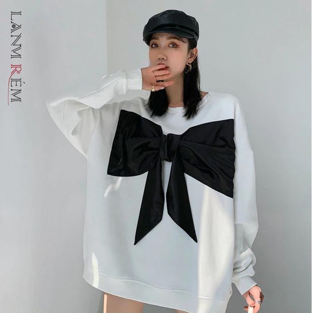[해외] LANMREM 여성 대형 셔츠 2022 봄 흰색 셔츠 검은 활