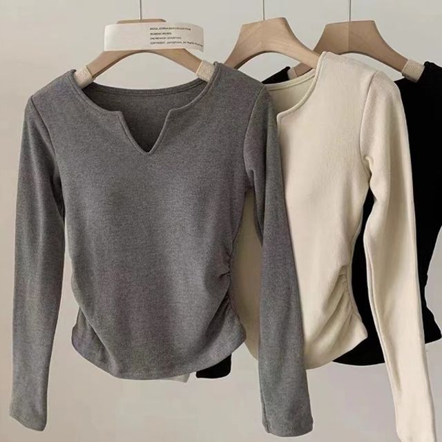여성 트임 긴팔 노브라 티셔츠 패드내장 셔링 상의