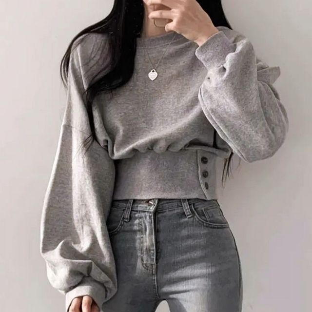 버튼 허리핏 크롭 맨투맨 DA-0014