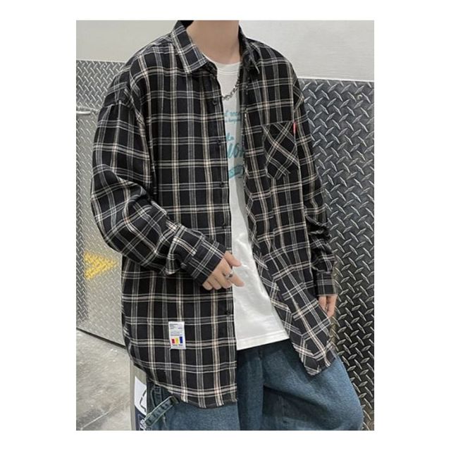 남자 오버핏 체크 긴팔 셔츠 캐주얼 대학생 스타일