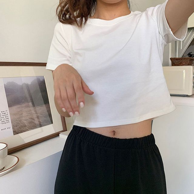 데일리 무지 크롭 라운드 반팔 티셔츠 LM-1006819