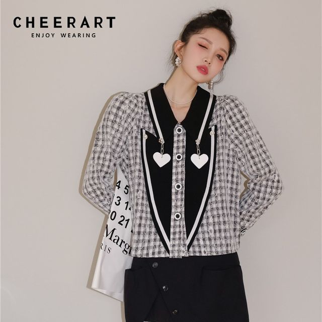 [해외] CHEERART 빈티지 퍼프 슬리브 체크 무늬 버튼 업 셔츠