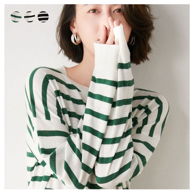 키밍 여성 줄무늬 라운드넥 긴팔 니트 티셔츠 루즈핏 스타일